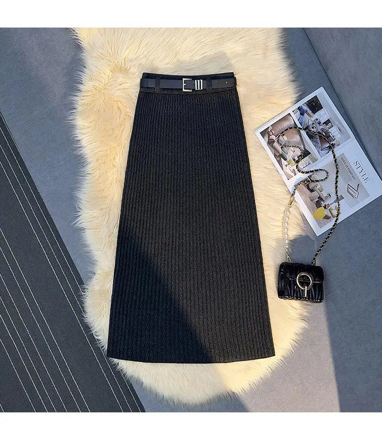 Women's Solid Elegant Office Lady Knitted Long Skirt Retro High Waist Party Wrap Hip Pleated Skirt 2024 Autumn Winter Simplicity