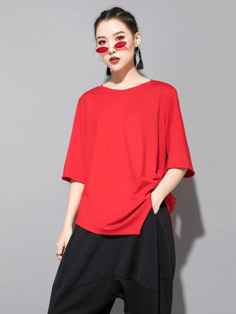 Women Black Irregular Pleated Big Size Casual T-shirt New Round Neck Half Sleeve Fashion Tide Spring Summer 2025 1DJ1831