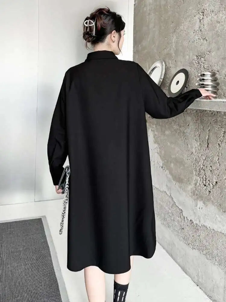 Women Black Velvet Big Size Pleated Mini Shirt Dress New Lapel Long Sleeve Fashion Tide Spring Autumn 2025 1DH5157