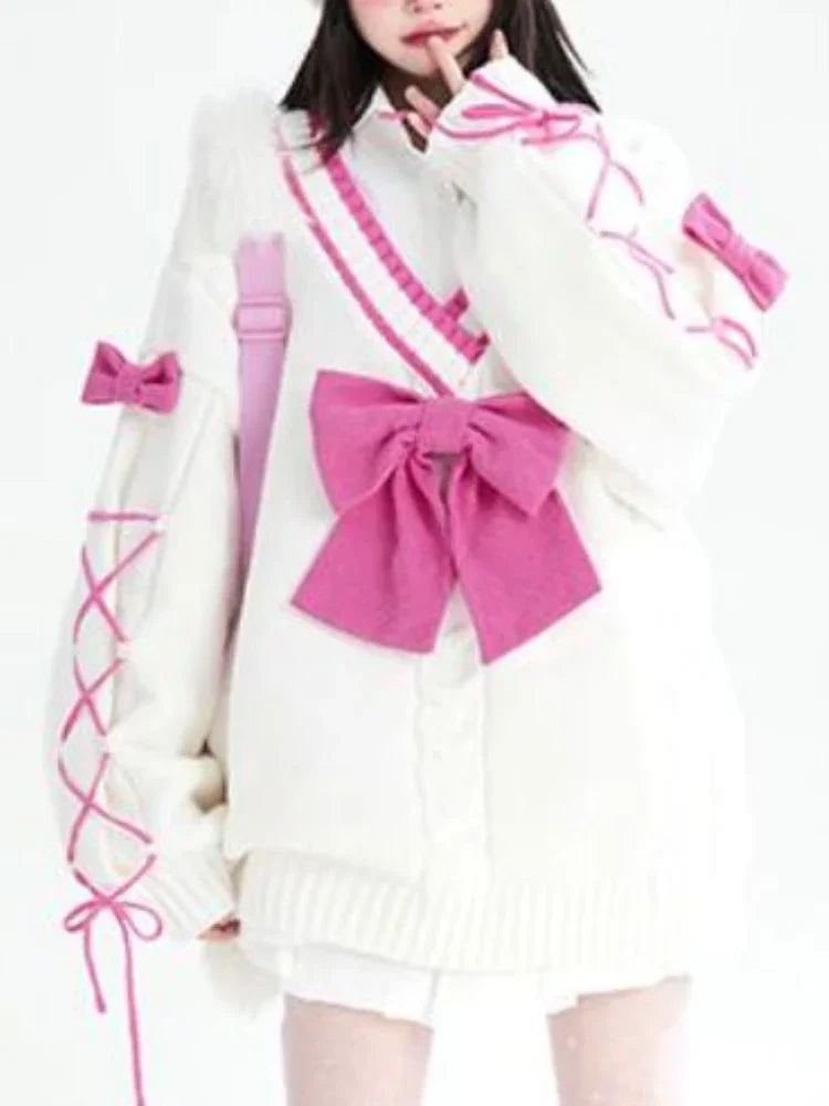 2025 Sweet Contrast Color Grunge Sweaters Fashion All Match Streetwear Bandage Pullover Y2k Aesthetic Loose Bow Jumpers Women