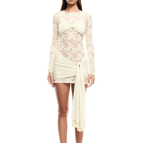 Load image into Gallery viewer, Lace See Through Draped Mini Dress Women Robe Elegant Patchwork Long Sleeve Slim Ruched Club Party Dress Clubwear
