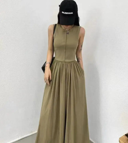 Summer Women White Casual High Waist Pleated Long Dress Lady Black Green Round Neck Sleeveless Sexy Slim Vest Dress Vestidos New