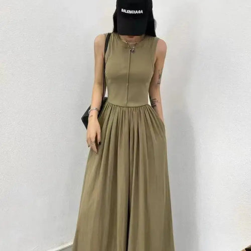Load image into Gallery viewer, Summer Women White Casual High Waist Pleated Long Dress Lady Black Green Round Neck Sleeveless Sexy Slim Vest Dress Vestidos New
