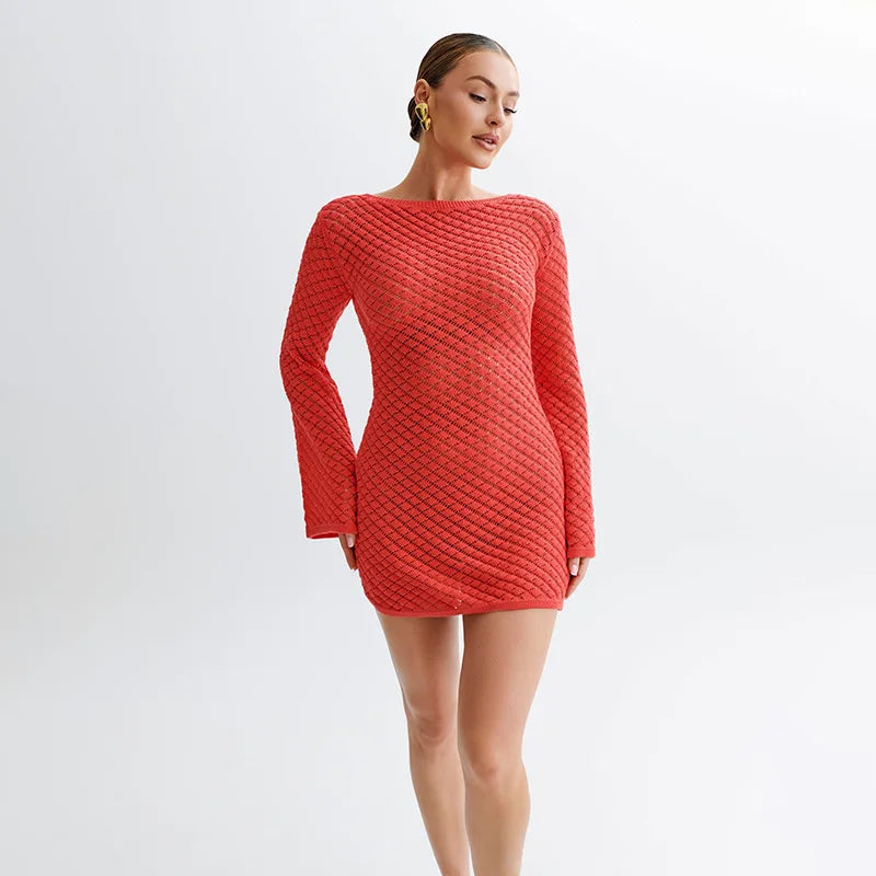 Backless Long Sleeve Knit Mini Dress For Women Fashion Elegant Spring Summer See Through Beach Holiday Dress Beachwear
