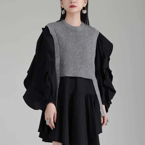 Load image into Gallery viewer, Women Black Knitting Color-block Ruffles Elegant Dress New Round Neck Long Sleeve Fashion Tide Spring Autumn 2025 1DH6758
