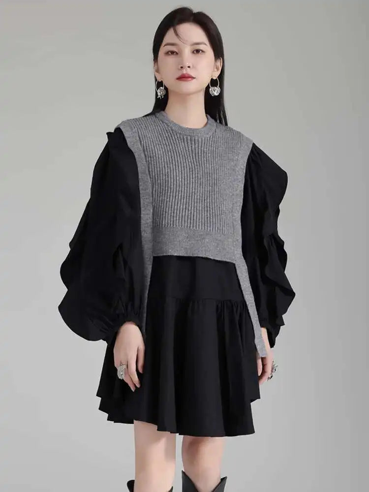 Women Black Knitting Color-block Ruffles Elegant Dress New Round Neck Long Sleeve Fashion Tide Spring Autumn 2025 1DH6758