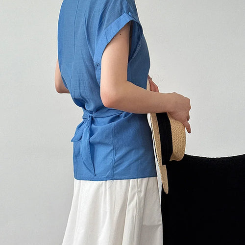 Load image into Gallery viewer, Women Blue Thin Irregular Bandage Big Size Blouse New Lapel Short Sleeve Shirt Fashion Tide Spring Summer 2025 1DJ1709
