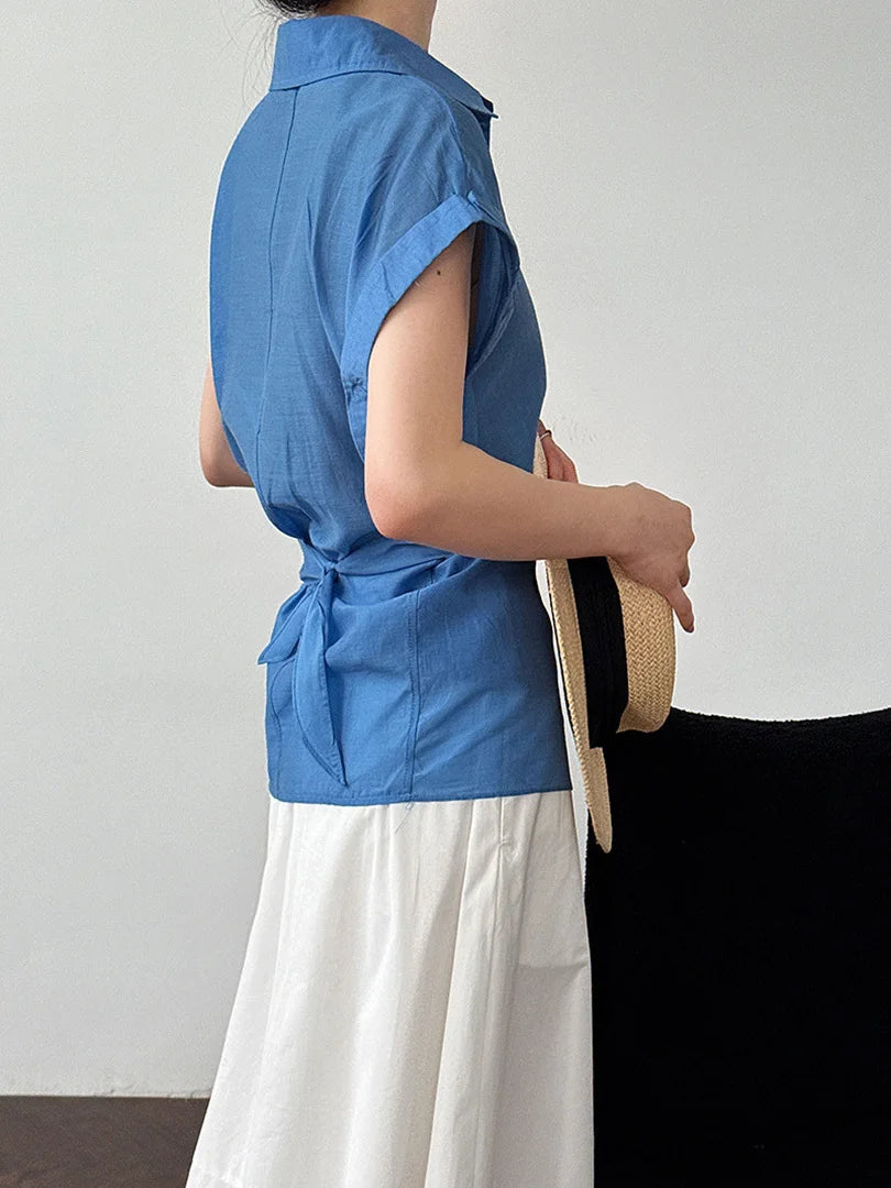 Women Blue Thin Irregular Bandage Big Size Blouse New Lapel Short Sleeve Shirt Fashion Tide Spring Summer 2025 1DJ1709