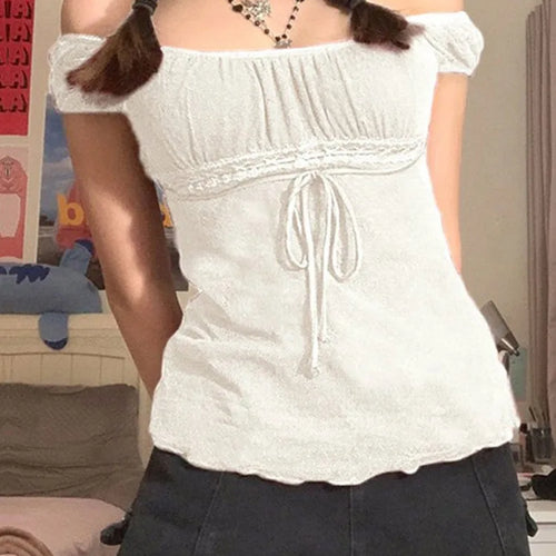 Load image into Gallery viewer, 2000s Aesthetic Sweet Lace Tops Women Off Shoulder Drawstring T-shirt Korean Fashion Female Tee Fairy Grunge Streetwear
