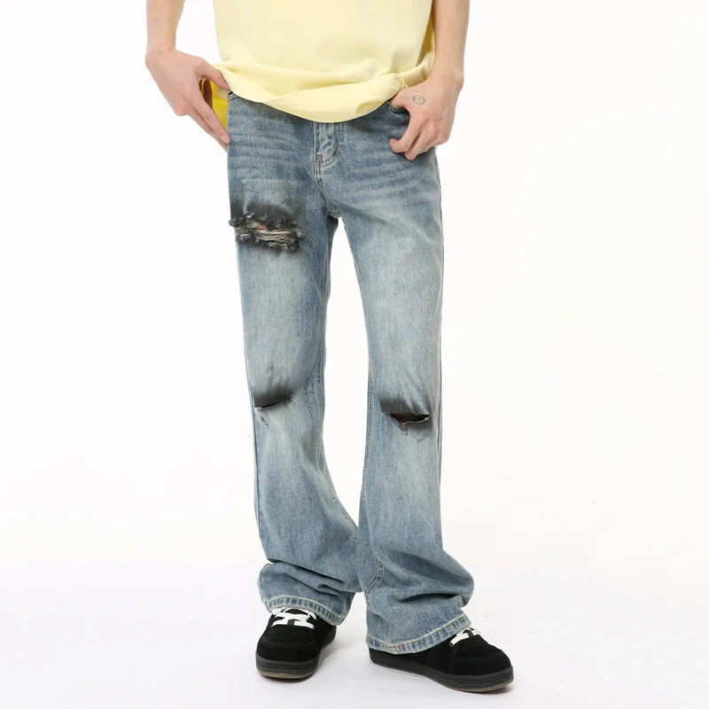 Summer Men's Jeans Hole Graffiti Contrast Color Menwear Straight Wide Leg Casual Male Denim Pants High Street 9C6510