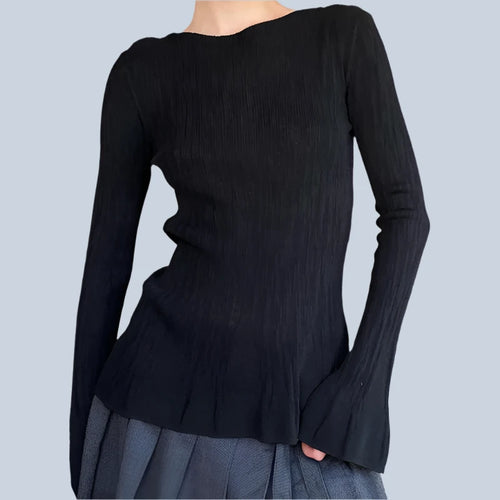 Load image into Gallery viewer, Casual Knit Flare Long Sleeve Top Black Fitted Shirts Y2k Clothes for Women Tees Spring 2024 P84-BC10
