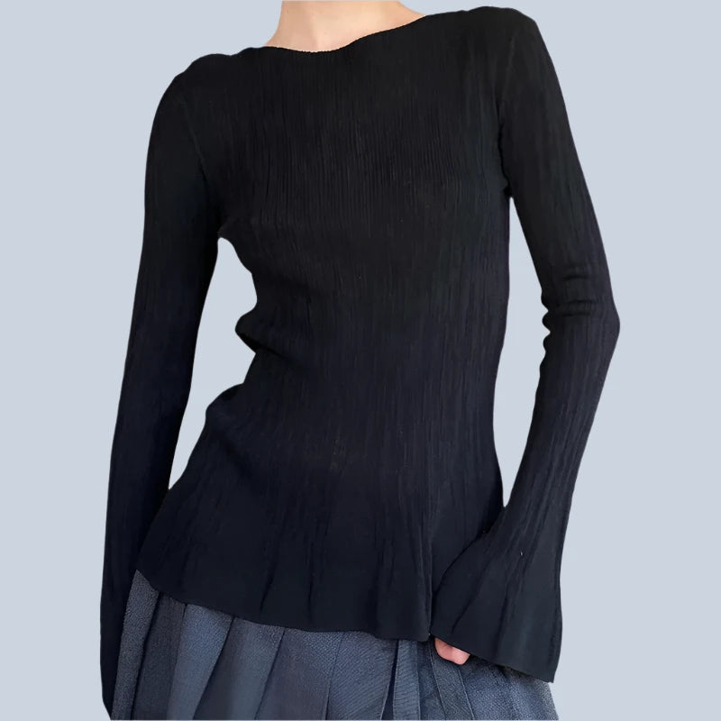 Casual Knit Flare Long Sleeve Top Black Fitted Shirts Y2k Clothes for Women Tees Spring 2024 P84-BC10