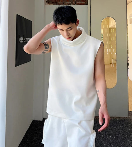 Summer Dark Men's Turtleneck Sleeveless Vests Men's Personality Trend Versatile Solid Color Tank Top Streetwear 9A8791