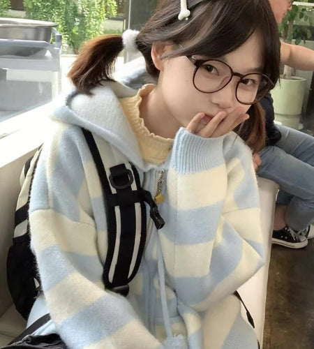 Japanese Kawaii Cartoon Dog Embroidery Knited Cardigan Women All Match Striped Sweater Jackets Hooded Coats Kardigany
