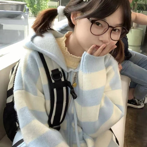 Load image into Gallery viewer, Japanese Kawaii Cartoon Dog Embroidery Knited Cardigan Women All Match Striped Sweater Jackets Hooded Coats Kardigany
