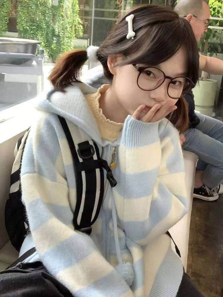 Japanese Kawaii Cartoon Dog Embroidery Knited Cardigan Women All Match Striped Sweater Jackets Hooded Coats Kardigany