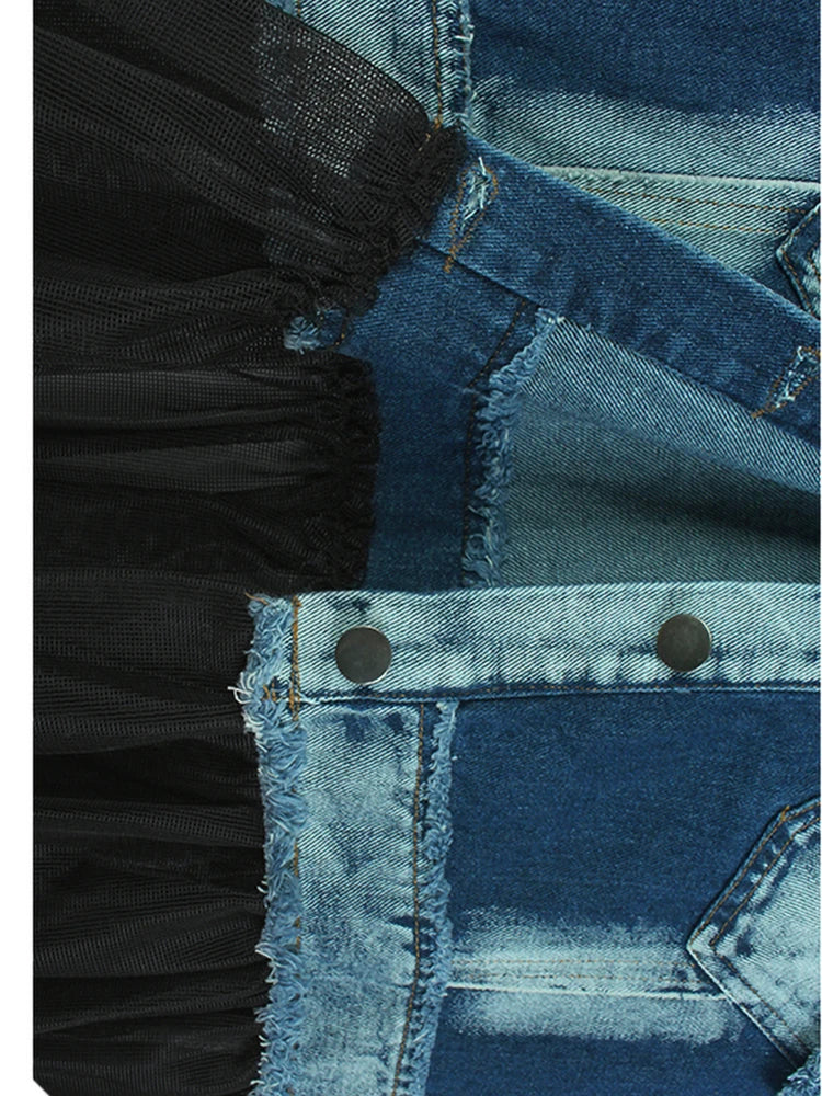 Women Black Denim Burr Mesh Spliced Big Size Vest Dress New Lapel Sleeveless Fashion Tide Spring Autumn 2025   1DJ1352