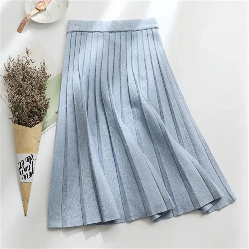 Women Knitted Midi Skirt Elegant Black A-Line High Waist Pleated Long Skirt Korean 2024 Spring Autumn Winter Faldas Femme Jupes