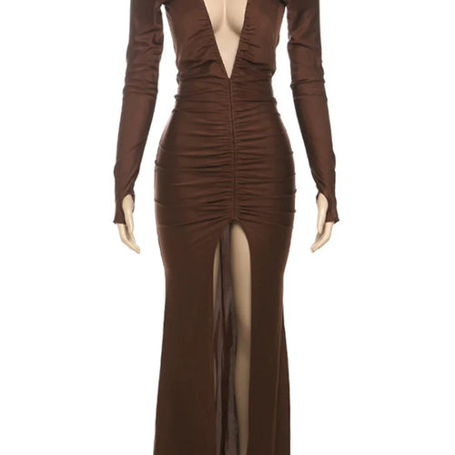 Load image into Gallery viewer, Sexy Deep V-long Sleeved Bodycon Party Club Evening Dress For Women Spring 2025 New High Slit Slim Fit Pleated Vestido
