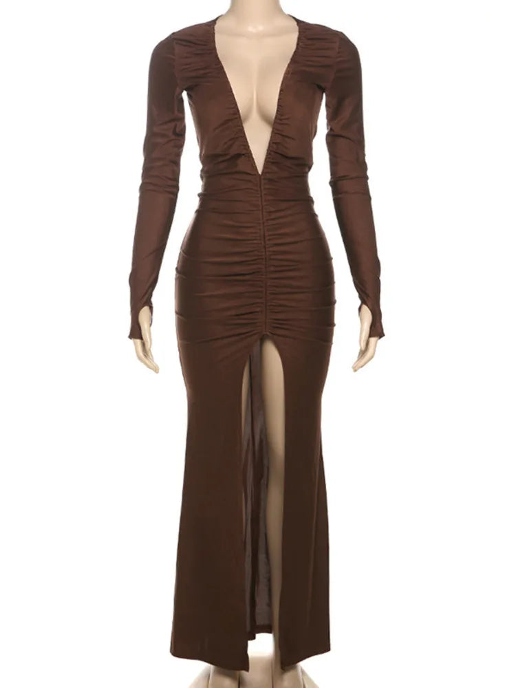 Sexy Deep V-long Sleeved Bodycon Party Club Evening Dress For Women Spring 2025 New High Slit Slim Fit Pleated Vestido