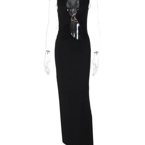 Load image into Gallery viewer, Hollow Out Halter Sexy Maxi Dress Women Summer New Metal Decoration Sleeveless Slim High Waist Long Dress Elegant
