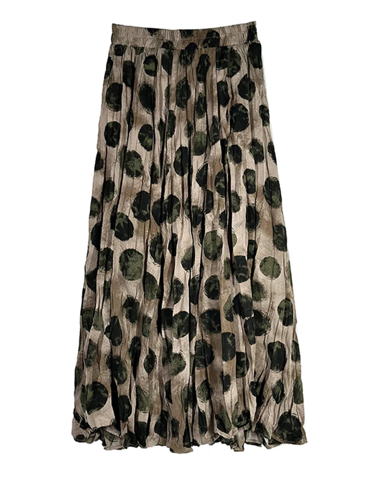 High Elastic Waist Green Dot Printed Vintage A-line Half-body Skirt Women Fashion Tide New Spring Autumn 2025 1DJ0380