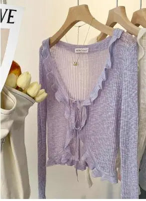 New Spring Summer Solid Long Sleeved Festival Elegant Slim Cardigan Knitted Tops Ladies Sun Protection Lace-up Ruffle Edge Coat