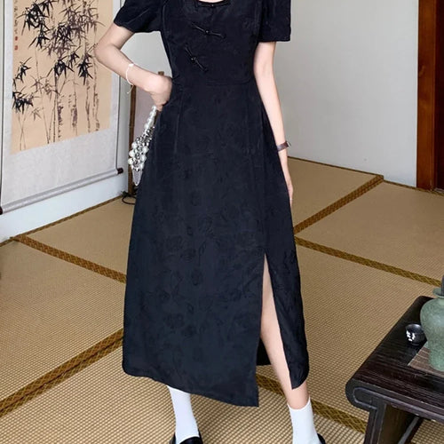 Load image into Gallery viewer, Black Hollow Out Slim Waist Women&#39;s Dresses New Chinese Style Split Chic Buttons Puff Sleeve Fashion Elegant Female Dress
