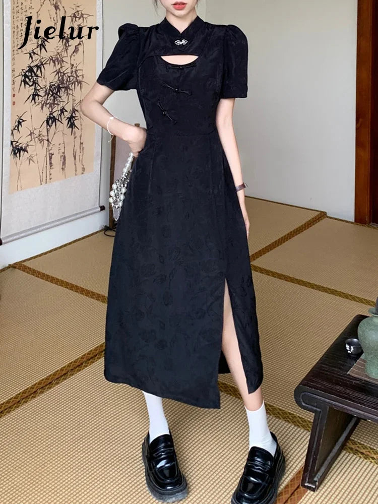 Black Hollow Out Slim Waist Women's Dresses New Chinese Style Split Chic Buttons Puff Sleeve Fashion Elegant Female Dress