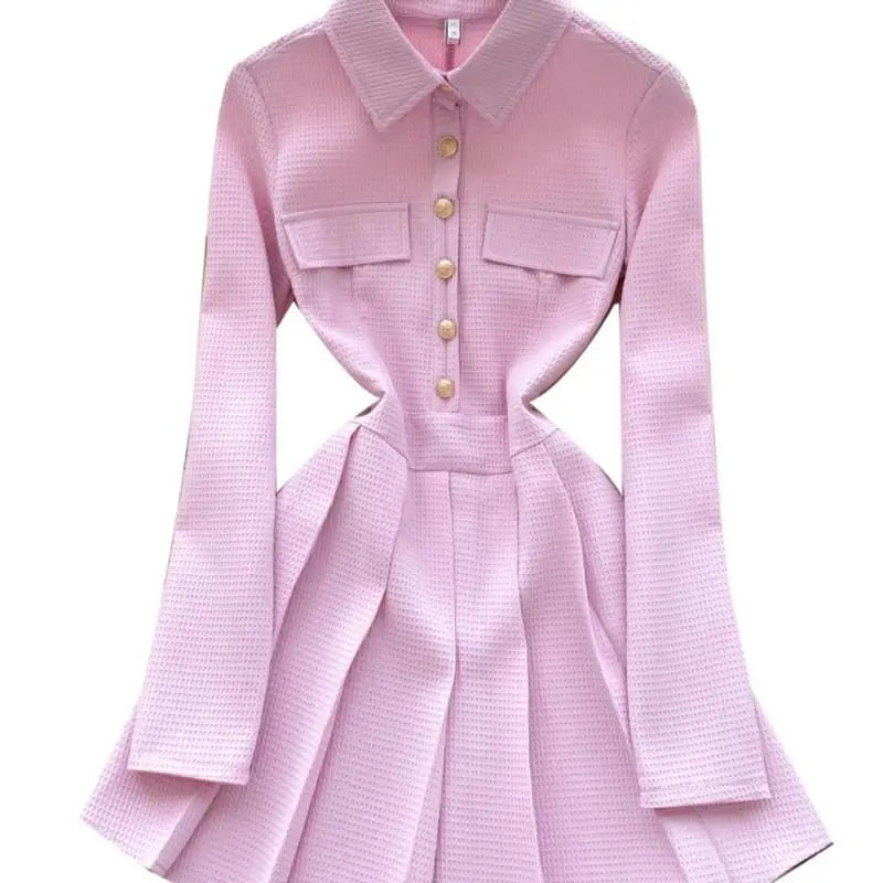 Spring Autumn 2025 New Women Fashion Black White Elegant Long Sleeved Short Dress Vintage Pink Single Breasted Party Dress Trend