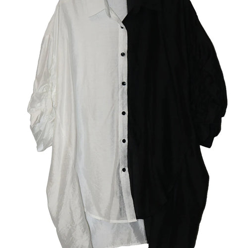 Load image into Gallery viewer, Women White Black Color-block Thin Big Size Blouse New Lapel Half Sleeve Shirt Fashion Tide Spring Summer 2025 1DJ1566
