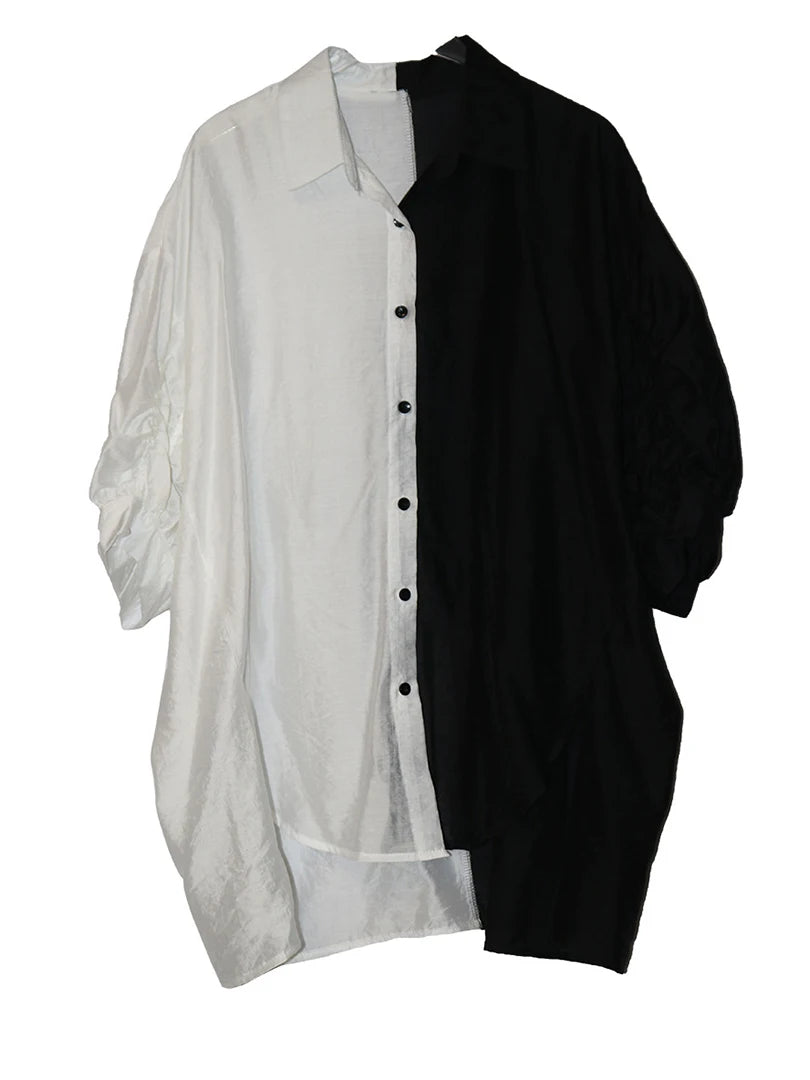 Women White Black Color-block Thin Big Size Blouse New Lapel Half Sleeve Shirt Fashion Tide Spring Summer 2025 1DJ1566