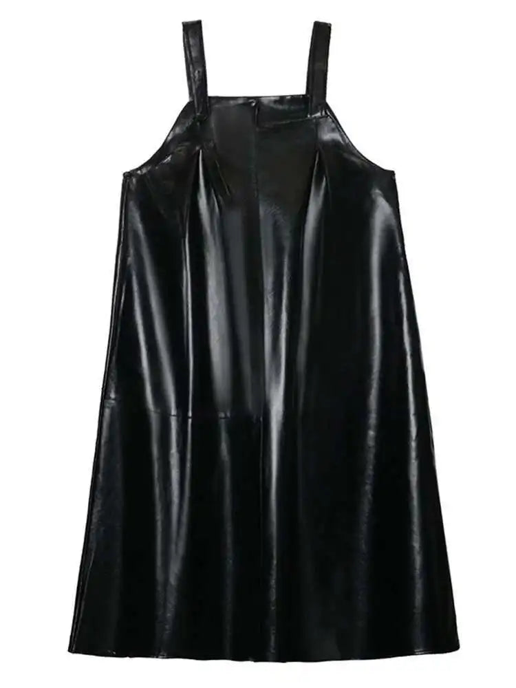 Women Black Pu Leather Big Size Casual Strap Dress New Square Collar Sleeveless Fashion Tide Spring Autumn 2025 1DH5160