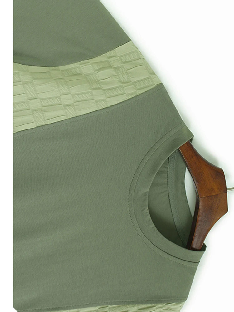 Women Green Plaid Color-block Zipper Big Size T-shirt New Round Neck Short Sleeve Fashion Tide Spring Summer 2025 1DJ0860