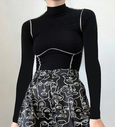 Harajuku Skinny Stand Collar Female T-shirt Stitching Line Autumn Tops Casual Vintage Clothes Basic Tee Pullover