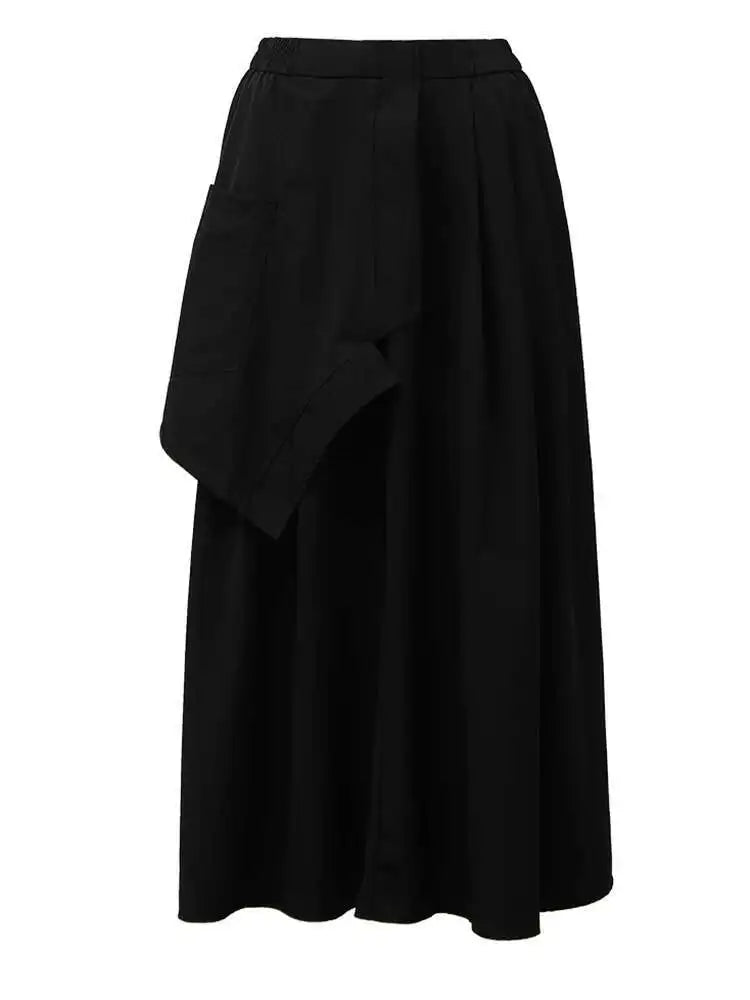High Elastic Waist Black Irregular Pocket Midi A-line Half-body Skirt Women Fashion Tide New Spring Autumn 2025 1DH5348