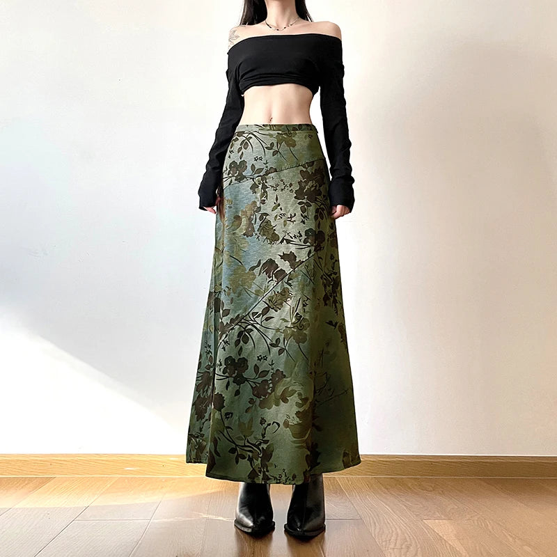 Grunge Fairycore Y2K Vintage Long Skirt Women Aesthetic Flowers Printing Chic Autumn Dress 2000a Clothing Low Waisted