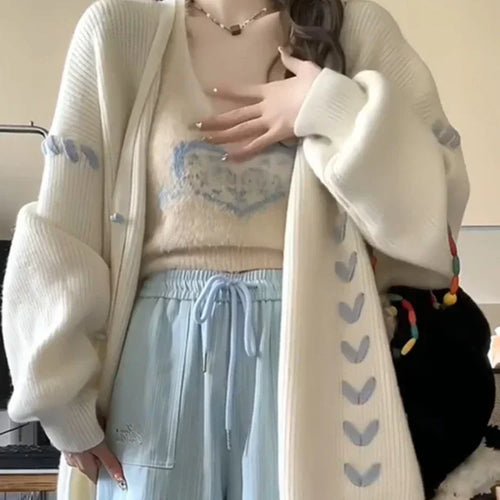 Load image into Gallery viewer, Grunge Casual Loose White Vintage Cardigans Y2k Aesthetic Fashion Bandage All Match Coats Women Autumn Oversized Preppy Sweater
