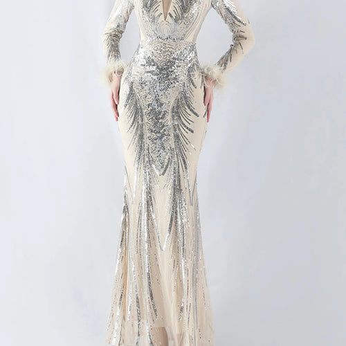 Load image into Gallery viewer, Solid Spliced Feather Slimming Dresses For Women V Neck Long Sleeve High Waist Temperament Dress Female Fashion New
