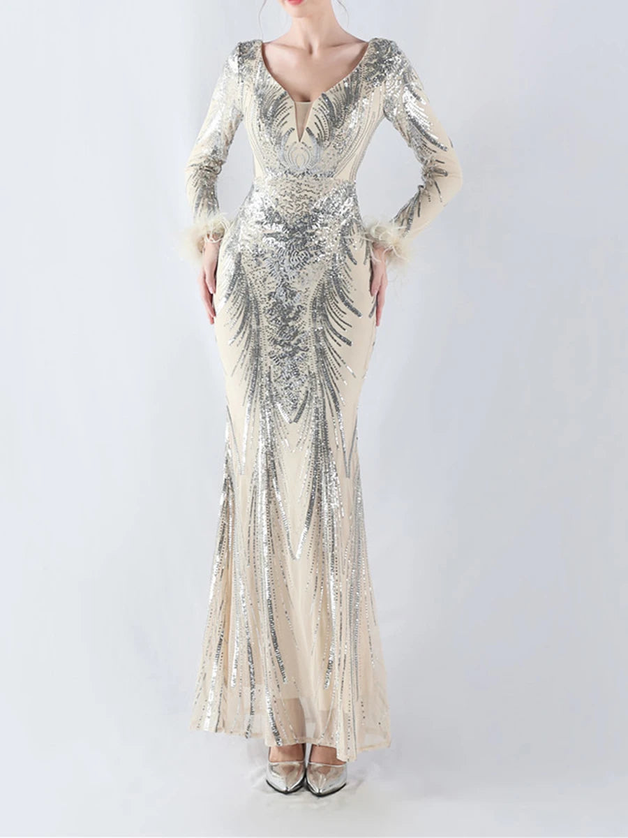 Solid Spliced Feather Slimming Dresses For Women V Neck Long Sleeve High Waist Temperament Dress Female Fashion New