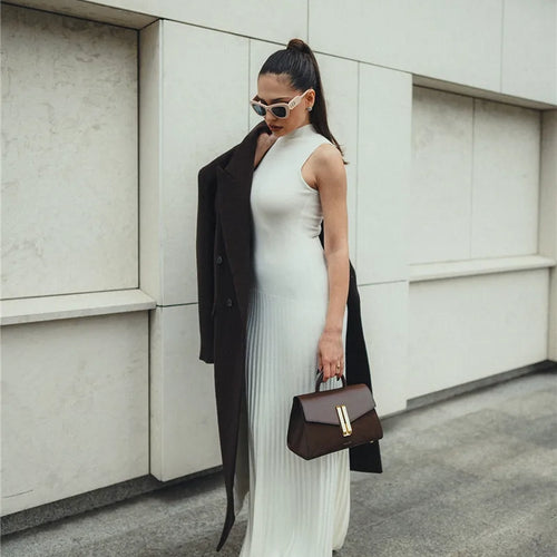 Load image into Gallery viewer, Half High Collar Sleeveless Knit Maxi Dress For Women Fashion Solid Bodycon Sexy Pleated Long Knitted Sweater Dress
