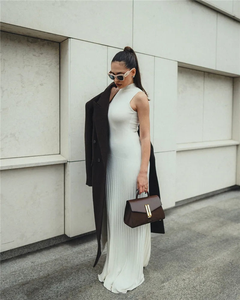 Half High Collar Sleeveless Knit Maxi Dress For Women Fashion Solid Bodycon Sexy Pleated Long Knitted Sweater Dress