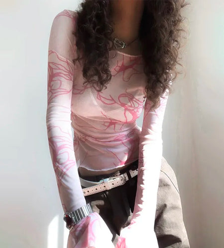 Y2k Aesthetics Mesh Tops Grunge Fairycore Flare Sleeve Crop Top Harajuku See Though T-shirt Korean Chic Designer Clothes
