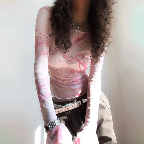 Load image into Gallery viewer, Y2k Aesthetics Mesh Tops Grunge Fairycore Flare Sleeve Crop Top Harajuku See Though T-shirt Korean Chic Designer Clothes
