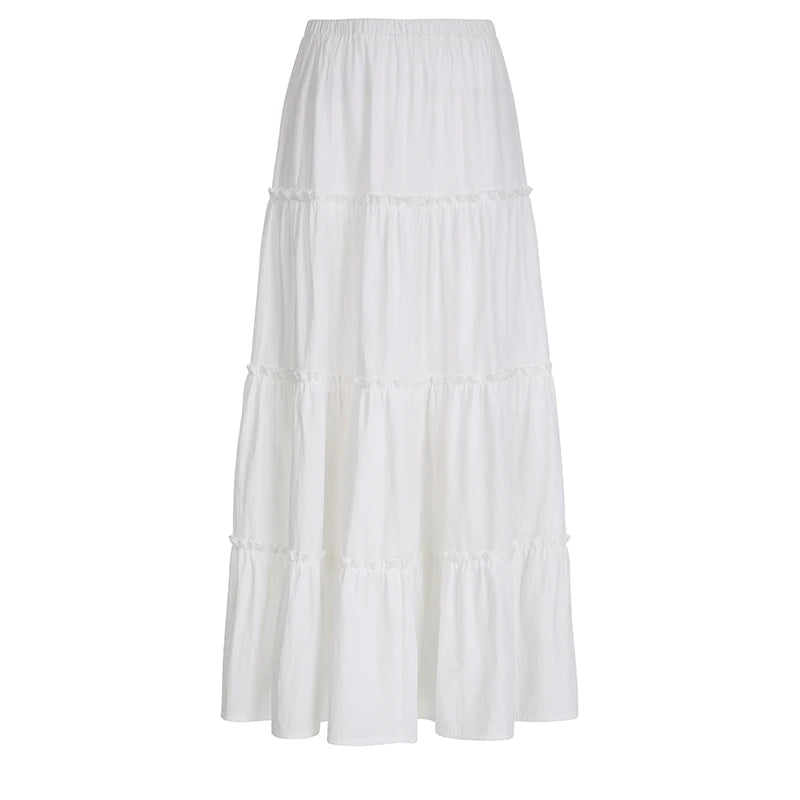 Streetwear White Loose Holidays Maxi Skirt Stitching Ruffles Ruched A-Line Summer Beach Women Skirt Long Sweet Bottom