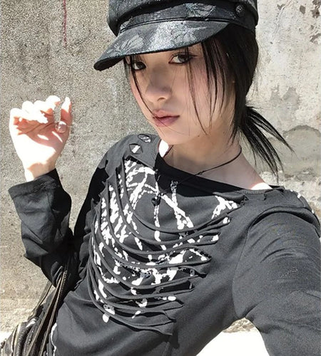 Y2k Aesthetic Vintage Slim Fit T-Shirt Women Streetwear Printing Hip Hop Goth Tops Harajuku Vintage Hollow Out Grunge Tees 2025