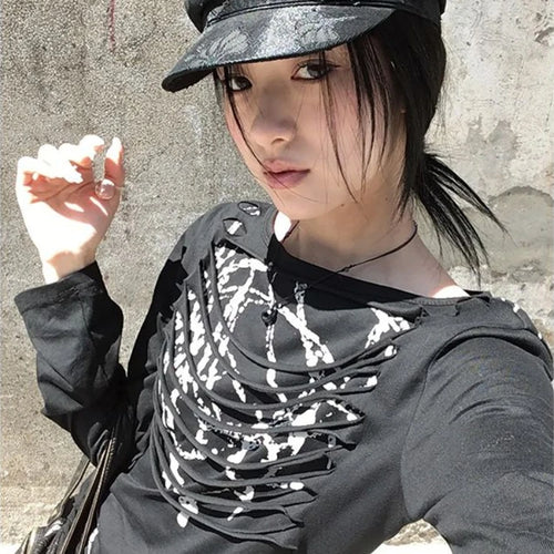 Load image into Gallery viewer, Y2k Aesthetic Vintage Slim Fit T-Shirt Women Streetwear Printing Hip Hop Goth Tops Harajuku Vintage Hollow Out Grunge Tees 2025
