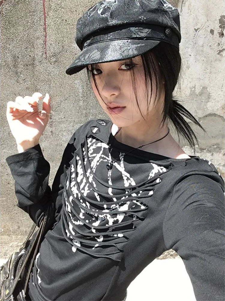 Y2k Aesthetic Vintage Slim Fit T-Shirt Women Streetwear Printing Hip Hop Goth Tops Harajuku Vintage Hollow Out Grunge Tees 2025