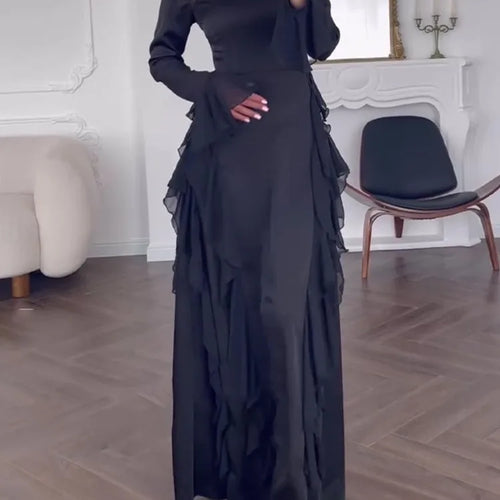 Load image into Gallery viewer, Elegant Long Sleeved Ruffled Round Neck Maxi Dress For Women's Spring New 2025 Party Club Evening Dress Slim Vestidos
