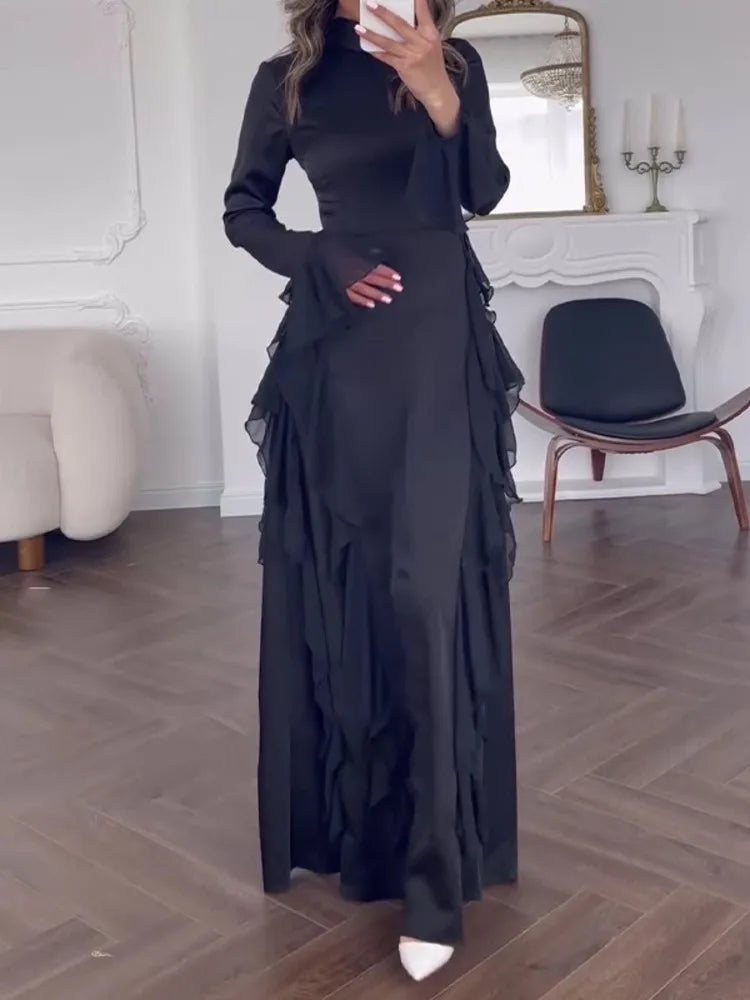 Elegant Long Sleeved Ruffled Round Neck Maxi Dress For Women's Spring New 2025 Party Club Evening Dress Slim Vestidos